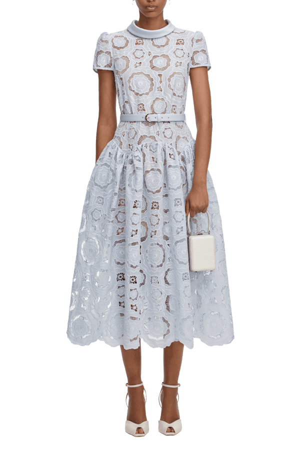 Blue Floral Lace Midi Dress - ALBOUSHIYA - district 5 - dubai - riyadh - abaya - dresses - designers - evening wear - luxury - elegance - craftsmanship - gowns - cocktail dresses - collections - georges