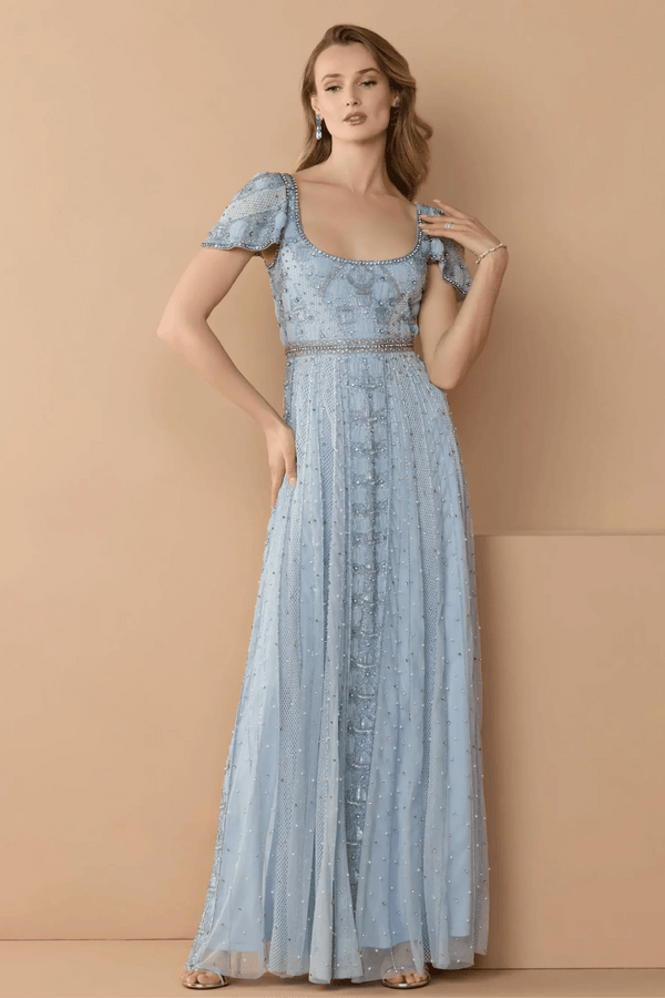 Blue Short Sleeve Scoop Neck Embellished Gown - ALBOUSHIYA - district 5 - dubai - riyadh - abaya - dresses - designers - evening wear - luxury - elegance - craftsmanship - gowns - cocktail dresses - collections - georges