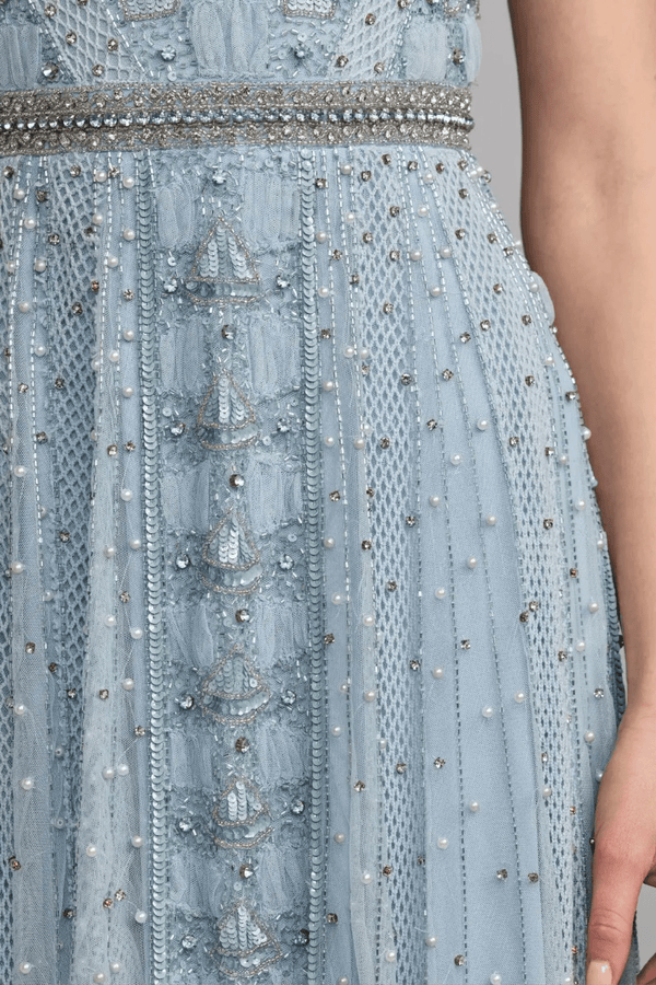 Blue Short Sleeve Scoop Neck Embellished Gown - ALBOUSHIYA - district 5 - dubai - riyadh - abaya - dresses - designers - evening wear - luxury - elegance - craftsmanship - gowns - cocktail dresses - collections - georges