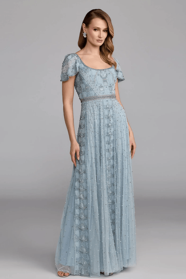 Blue Short Sleeve Scoop Neck Embellished Gown - ALBOUSHIYA - district 5 - dubai - riyadh - abaya - dresses - designers - evening wear - luxury - elegance - craftsmanship - gowns - cocktail dresses - collections - georges