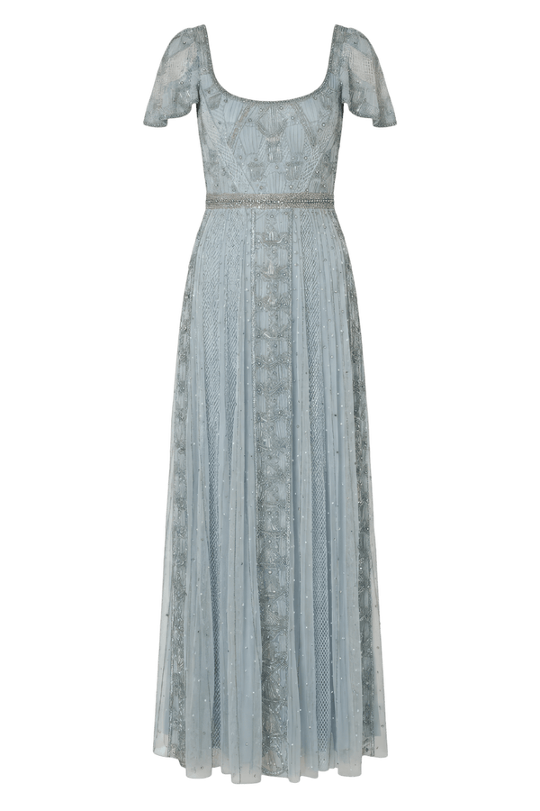Blue Short Sleeve Scoop Neck Embellished Gown - ALBOUSHIYA - district 5 - dubai - riyadh - abaya - dresses - designers - evening wear - luxury - elegance - craftsmanship - gowns - cocktail dresses - collections - georges