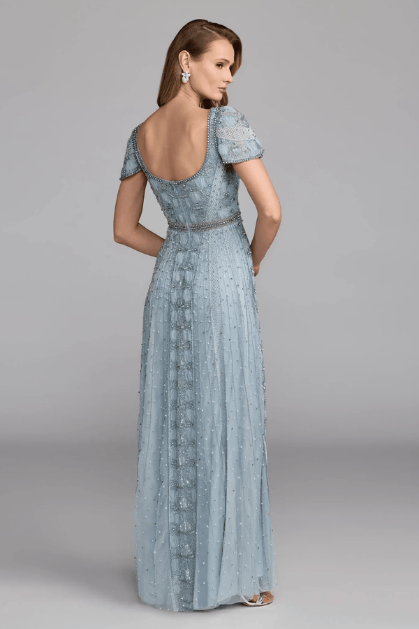 Blue Short Sleeve Scoop Neck Embellished Gown - ALBOUSHIYA - district 5 - dubai - riyadh - abaya - dresses - designers - evening wear - luxury - elegance - craftsmanship - gowns - cocktail dresses - collections - georges