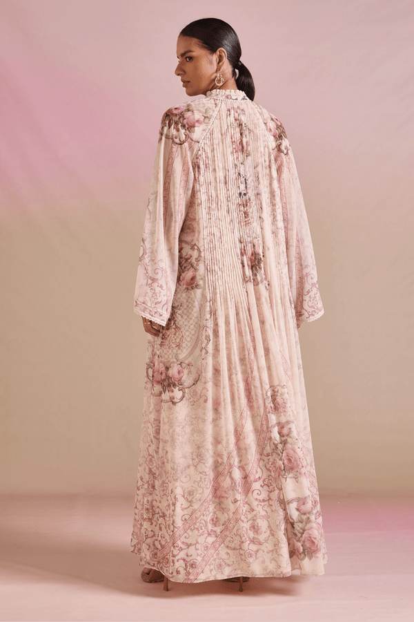 Blush Baroque Floral Lace Layered Maxi Dress - ALBOUSHIYA - district 5 - dubai - riyadh - abaya - dresses - designers - evening wear - luxury - elegance - craftsmanship - gowns - cocktail dresses - collections - georges
