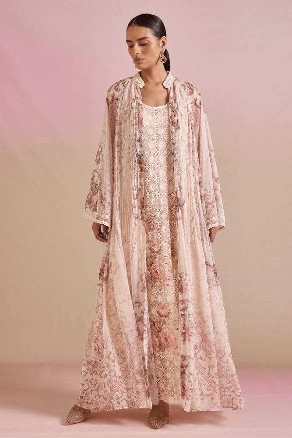 Blush Baroque Floral Lace Layered Maxi Dress - ALBOUSHIYA - district 5 - dubai - riyadh - abaya - dresses - designers - evening wear - luxury - elegance - craftsmanship - gowns - cocktail dresses - collections - georges