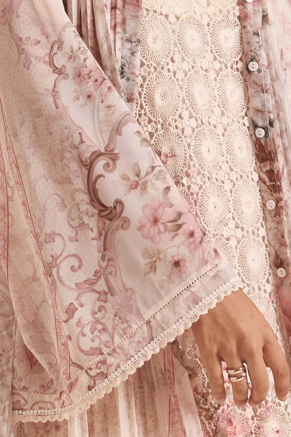 Blush Baroque Floral Lace Layered Maxi Dress - ALBOUSHIYA - district 5 - dubai - riyadh - abaya - dresses - designers - evening wear - luxury - elegance - craftsmanship - gowns - cocktail dresses - collections - georges