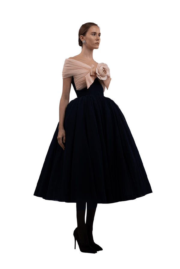 Blush Camellia Bow Tulle Midi Dress - ALBOUSHIYA - district 5 - dubai - riyadh - abaya - dresses - designers - evening wear - luxury - elegance - craftsmanship - gowns - cocktail dresses - collections - georges