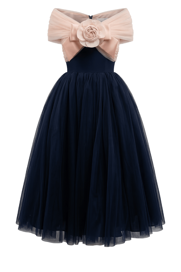 Blush Camellia Bow Tulle Midi Dress - ALBOUSHIYA - district 5 - dubai - riyadh - abaya - dresses - designers - evening wear - luxury - elegance - craftsmanship - gowns - cocktail dresses - collections - georges