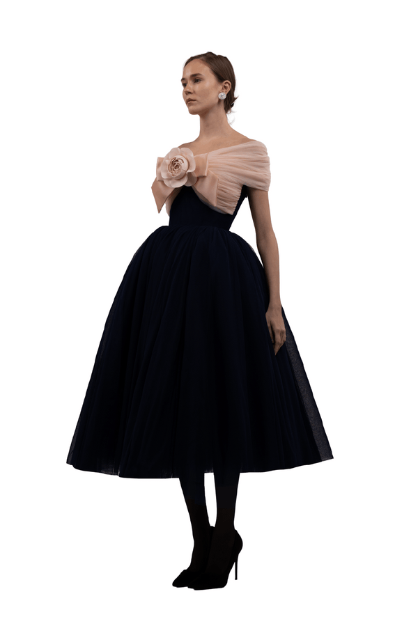 Blush Camellia Bow Tulle Midi Dress - ALBOUSHIYA - district 5 - dubai - riyadh - abaya - dresses - designers - evening wear - luxury - elegance - craftsmanship - gowns - cocktail dresses - collections - georges