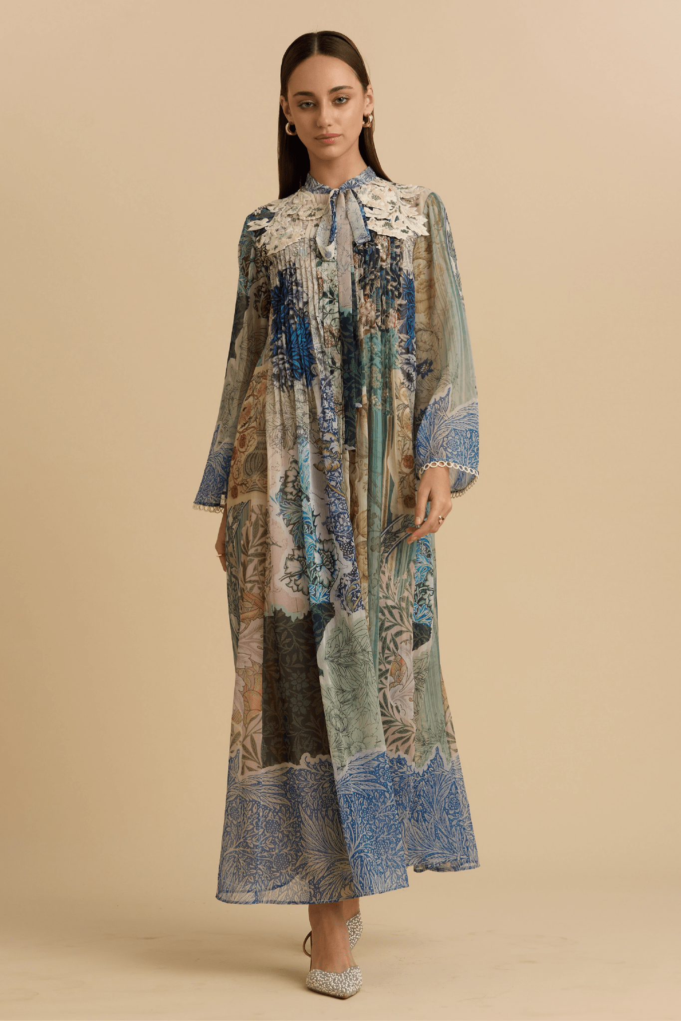 Botanical Print Maxi Dress with Lace Collar - ALBOUSHIYA - district 5 - dubai - riyadh - abaya - dresses - designers - evening wear - luxury - elegance - craftsmanship - gowns - cocktail dresses - collections - georges