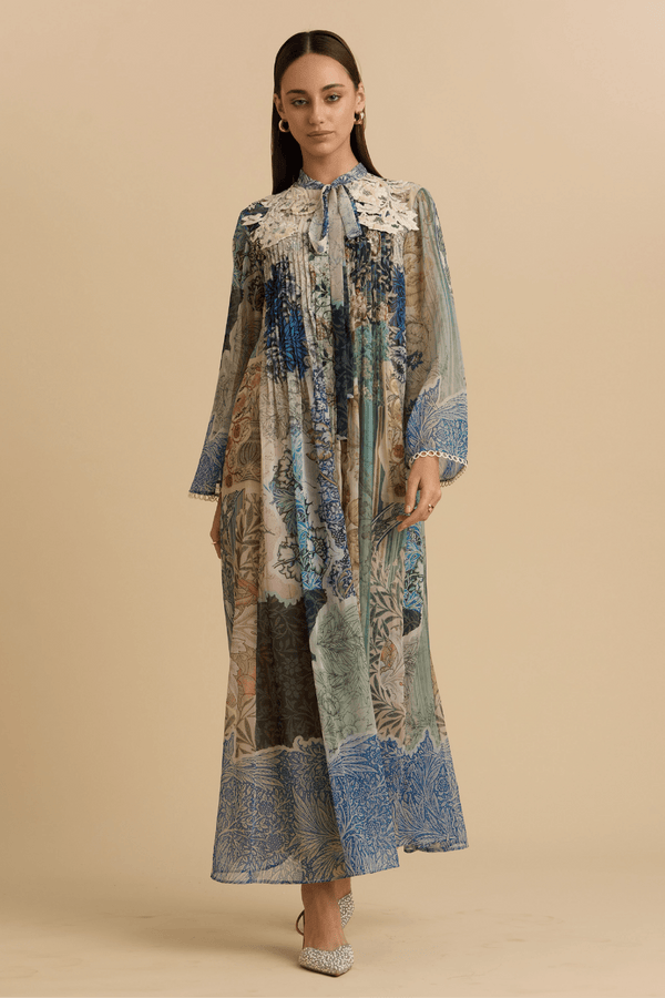 Botanical Print Maxi Dress with Lace Collar - ALBOUSHIYA - district 5 - dubai - riyadh - abaya - dresses - designers - evening wear - luxury - elegance - craftsmanship - gowns - cocktail dresses - collections - georges