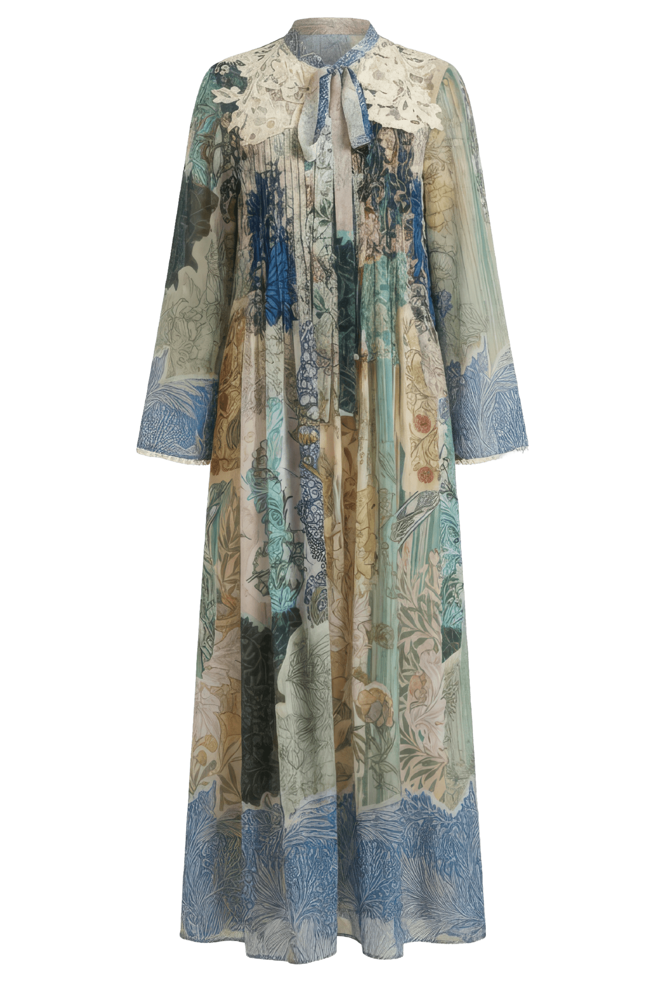 Botanical Print Maxi Dress with Lace Collar - ALBOUSHIYA - district 5 - dubai - riyadh - abaya - dresses - designers - evening wear - luxury - elegance - craftsmanship - gowns - cocktail dresses - collections - georges