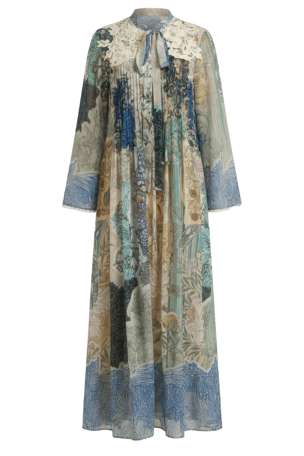 Botanical Print Maxi Dress with Lace Collar - ALBOUSHIYA - district 5 - dubai - riyadh - abaya - dresses - designers - evening wear - luxury - elegance - craftsmanship - gowns - cocktail dresses - collections - georges