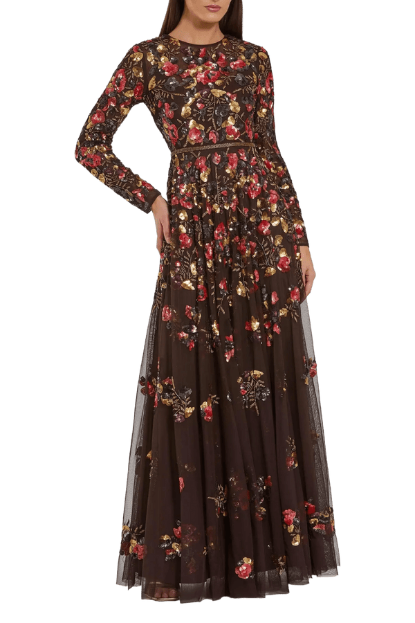 Brown Long Sleeve Floral Embellished Evening Gown - ALBOUSHIYA - district 5 - dubai - riyadh - abaya - dresses - designers - evening wear - luxury - elegance - craftsmanship - gowns - cocktail dresses - collections - georges