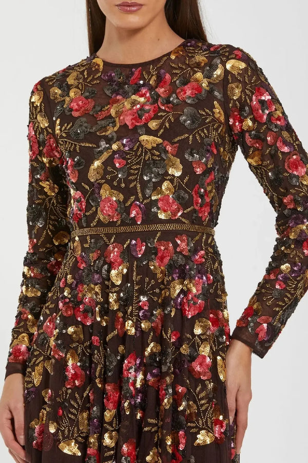 Brown Long Sleeve Floral Embellished Evening Gown - ALBOUSHIYA - district 5 - dubai - riyadh - abaya - dresses - designers - evening wear - luxury - elegance - craftsmanship - gowns - cocktail dresses - collections - georges