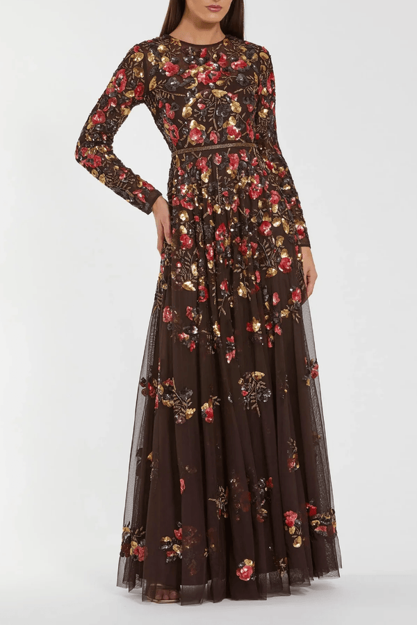 Brown Long Sleeve Floral Embellished Evening Gown - ALBOUSHIYA - district 5 - dubai - riyadh - abaya - dresses - designers - evening wear - luxury - elegance - craftsmanship - gowns - cocktail dresses - collections - georges