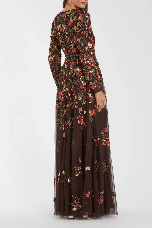 Brown Long Sleeve Floral Embellished Evening Gown - ALBOUSHIYA - district 5 - dubai - riyadh - abaya - dresses - designers - evening wear - luxury - elegance - craftsmanship - gowns - cocktail dresses - collections - georges