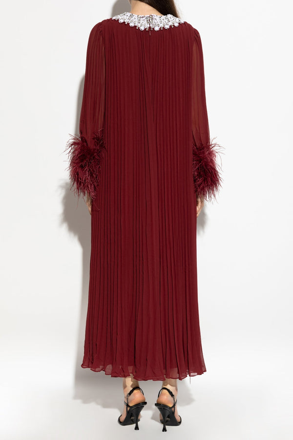 Burgundy Chiffon Feather Midi Dress - ALBOUSHIYA - district 5 - dubai - riyadh - abaya - dresses - designers - evening wear - luxury - elegance - craftsmanship - gowns - cocktail dresses - collections - georges
