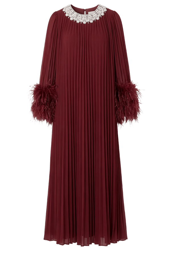 Burgundy Chiffon Feather Midi Dress - ALBOUSHIYA - district 5 - dubai - riyadh - abaya - dresses - designers - evening wear - luxury - elegance - craftsmanship - gowns - cocktail dresses - collections - georges