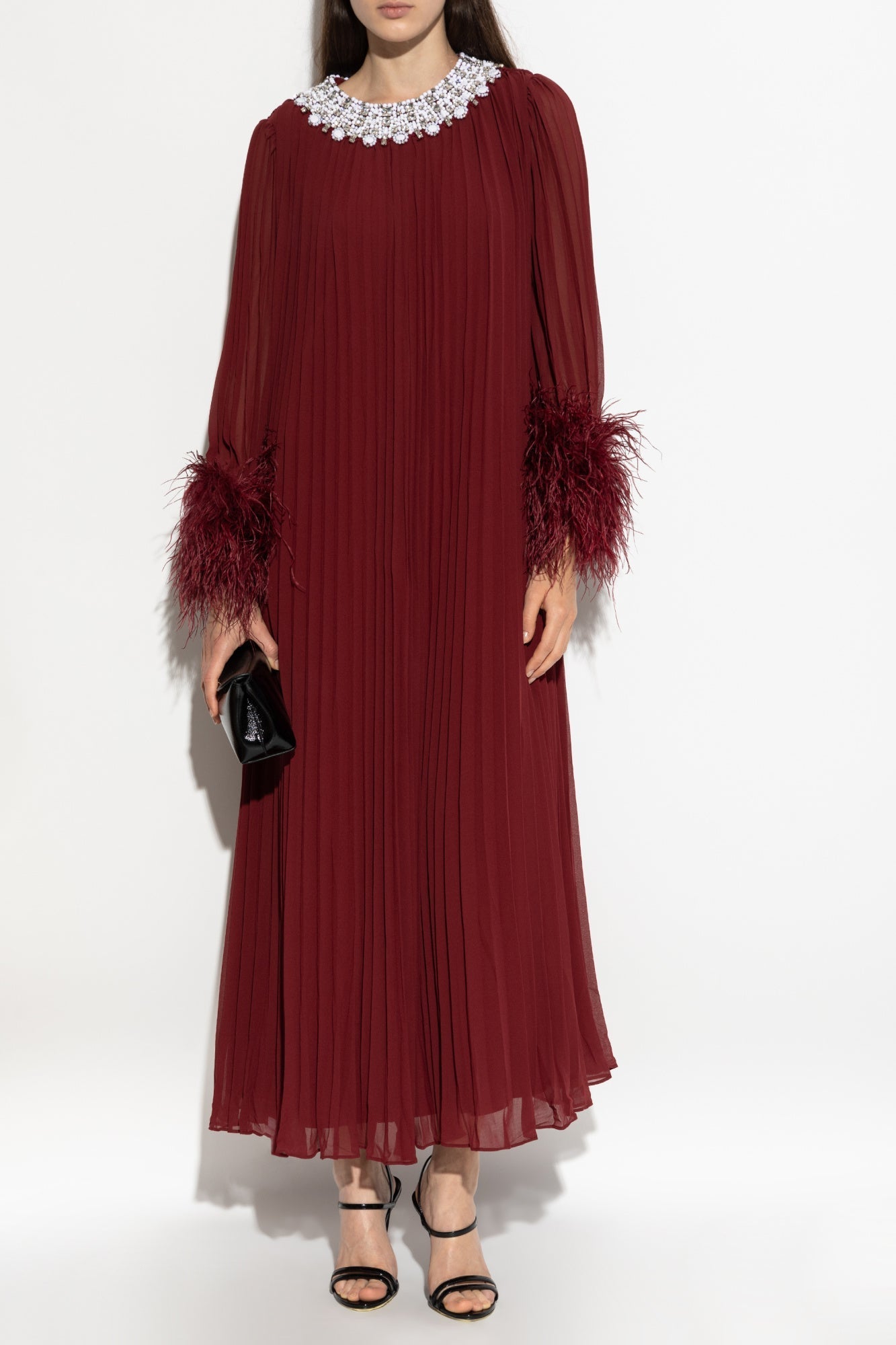 Burgundy Chiffon Feather Midi Dress - ALBOUSHIYA - district 5 - dubai - riyadh - abaya - dresses - designers - evening wear - luxury - elegance - craftsmanship - gowns - cocktail dresses - collections - georges