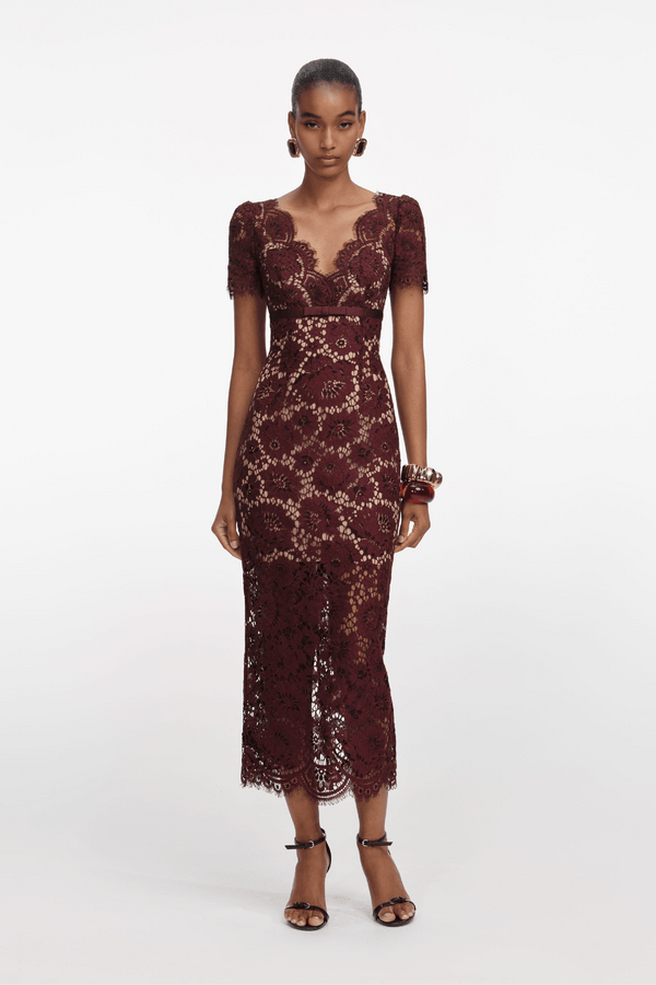 Burgundy Floral Lace Midi Dress - ALBOUSHIYA - district 5 - dubai - riyadh - abaya - dresses - designers - evening wear - luxury - elegance - craftsmanship - gowns - cocktail dresses - collections - georges