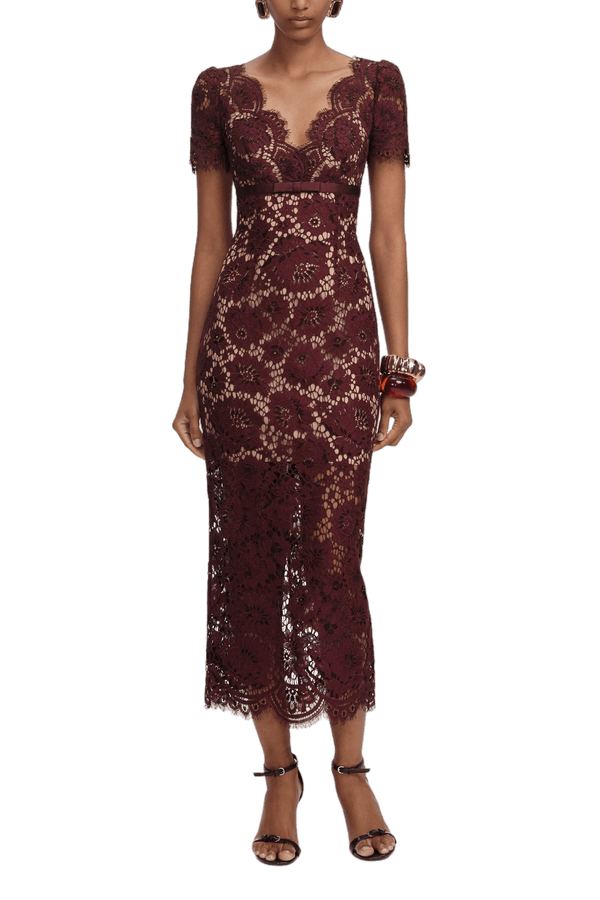Burgundy Floral Lace Midi Dress - ALBOUSHIYA - district 5 - dubai - riyadh - abaya - dresses - designers - evening wear - luxury - elegance - craftsmanship - gowns - cocktail dresses - collections - georges