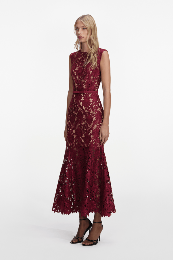 Burgundy Guipure Lace Midi Dress - ALBOUSHIYA - district 5 - dubai - riyadh - abaya - dresses - designers - evening wear - luxury - elegance - craftsmanship - gowns - cocktail dresses - collections - georges