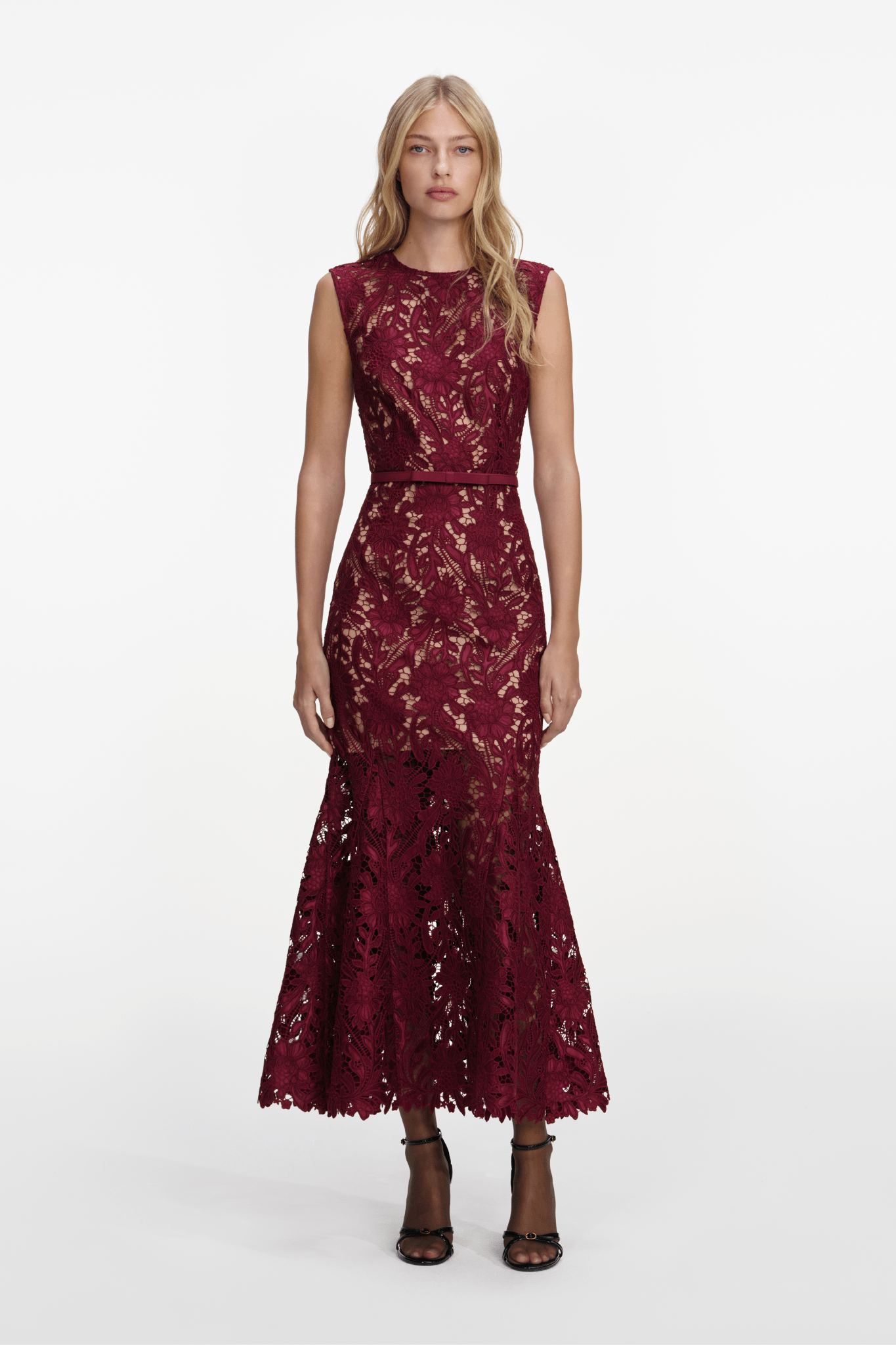 Burgundy Guipure Lace Midi Dress - ALBOUSHIYA - district 5 - dubai - riyadh - abaya - dresses - designers - evening wear - luxury - elegance - craftsmanship - gowns - cocktail dresses - collections - georges