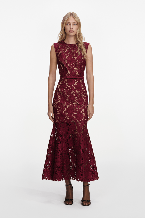 Burgundy Guipure Lace Midi Dress - ALBOUSHIYA - district 5 - dubai - riyadh - abaya - dresses - designers - evening wear - luxury - elegance - craftsmanship - gowns - cocktail dresses - collections - georges