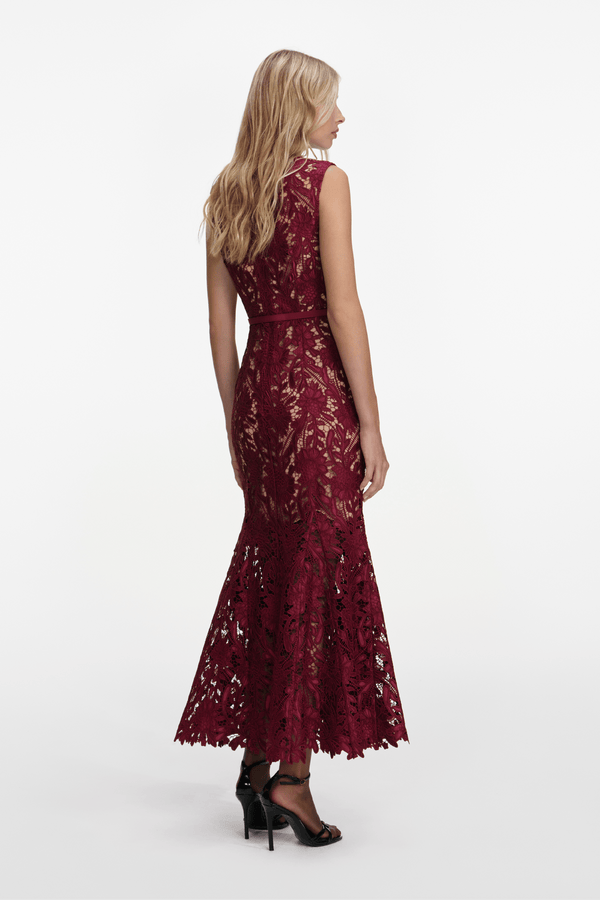 Burgundy Guipure Lace Midi Dress - ALBOUSHIYA - district 5 - dubai - riyadh - abaya - dresses - designers - evening wear - luxury - elegance - craftsmanship - gowns - cocktail dresses - collections - georges