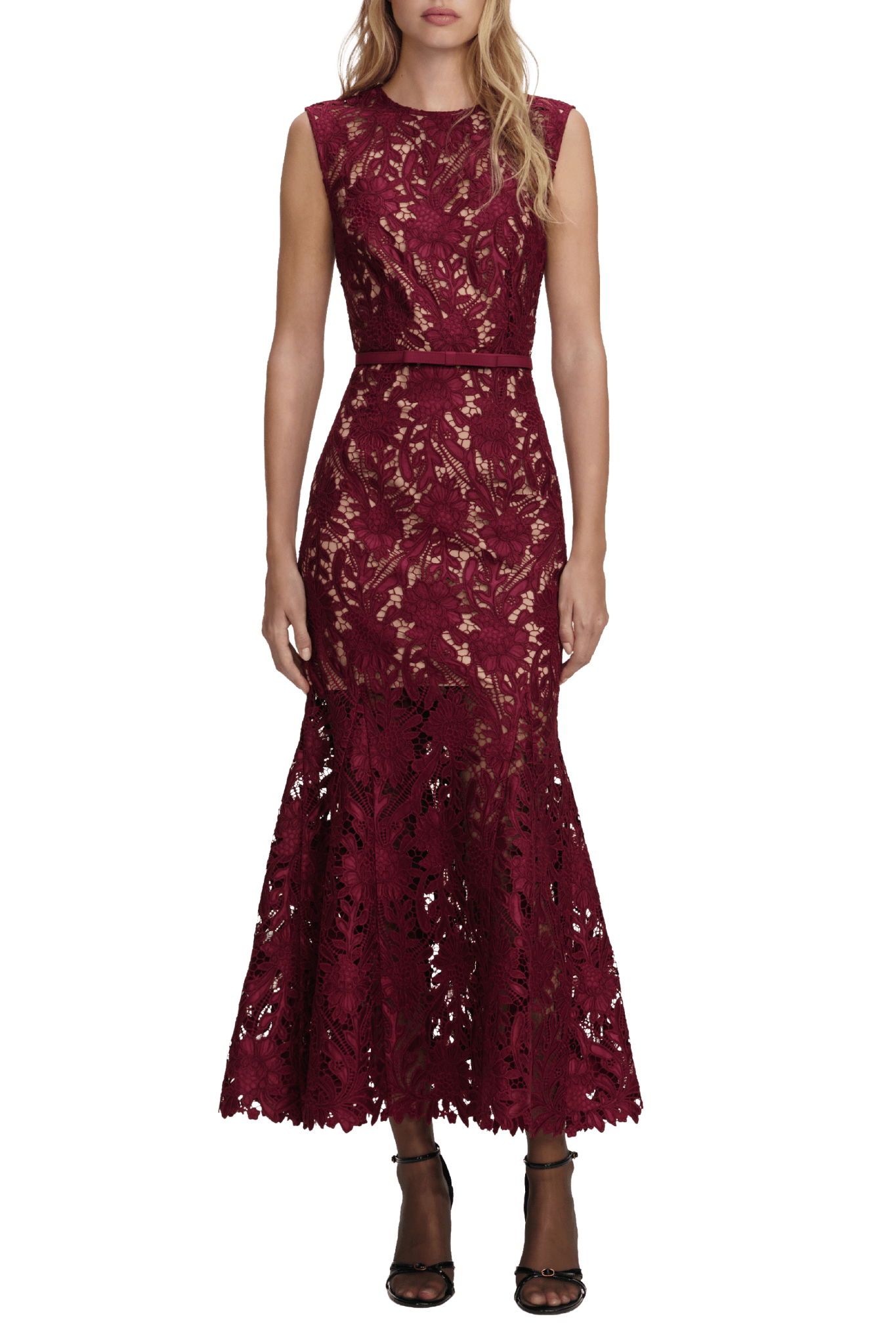 Burgundy Guipure Lace Midi Dress - ALBOUSHIYA - district 5 - dubai - riyadh - abaya - dresses - designers - evening wear - luxury - elegance - craftsmanship - gowns - cocktail dresses - collections - georges