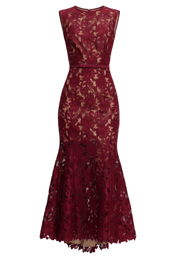 Burgundy Guipure Lace Midi Dress