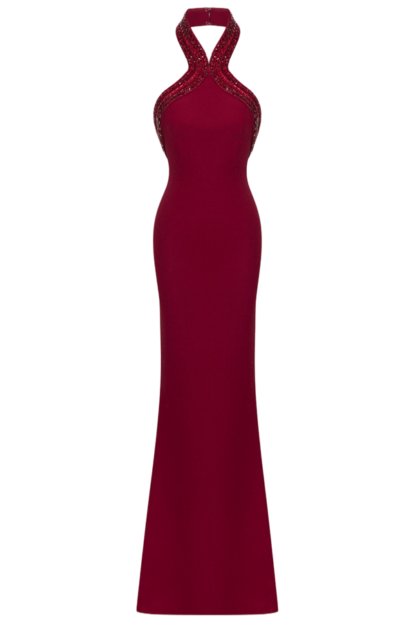 Burgundy Halter Neck Gown - ALBOUSHIYA - district 5 - dubai - riyadh - abaya - dresses - designers - evening wear - luxury - elegance - craftsmanship - gowns - cocktail dresses - collections - georges