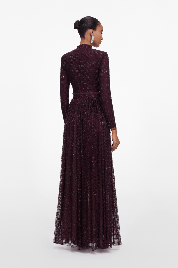 Burgundy Rhinestone Long Sleeve Maxi Dress - ALBOUSHIYA - district 5 - dubai - riyadh - abaya - dresses - designers - evening wear - luxury - elegance - craftsmanship - gowns - cocktail dresses - collections - georges