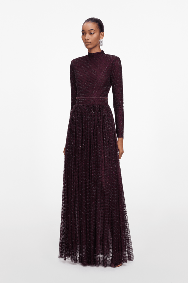 Burgundy Rhinestone Long Sleeve Maxi Dress - ALBOUSHIYA - district 5 - dubai - riyadh - abaya - dresses - designers - evening wear - luxury - elegance - craftsmanship - gowns - cocktail dresses - collections - georges