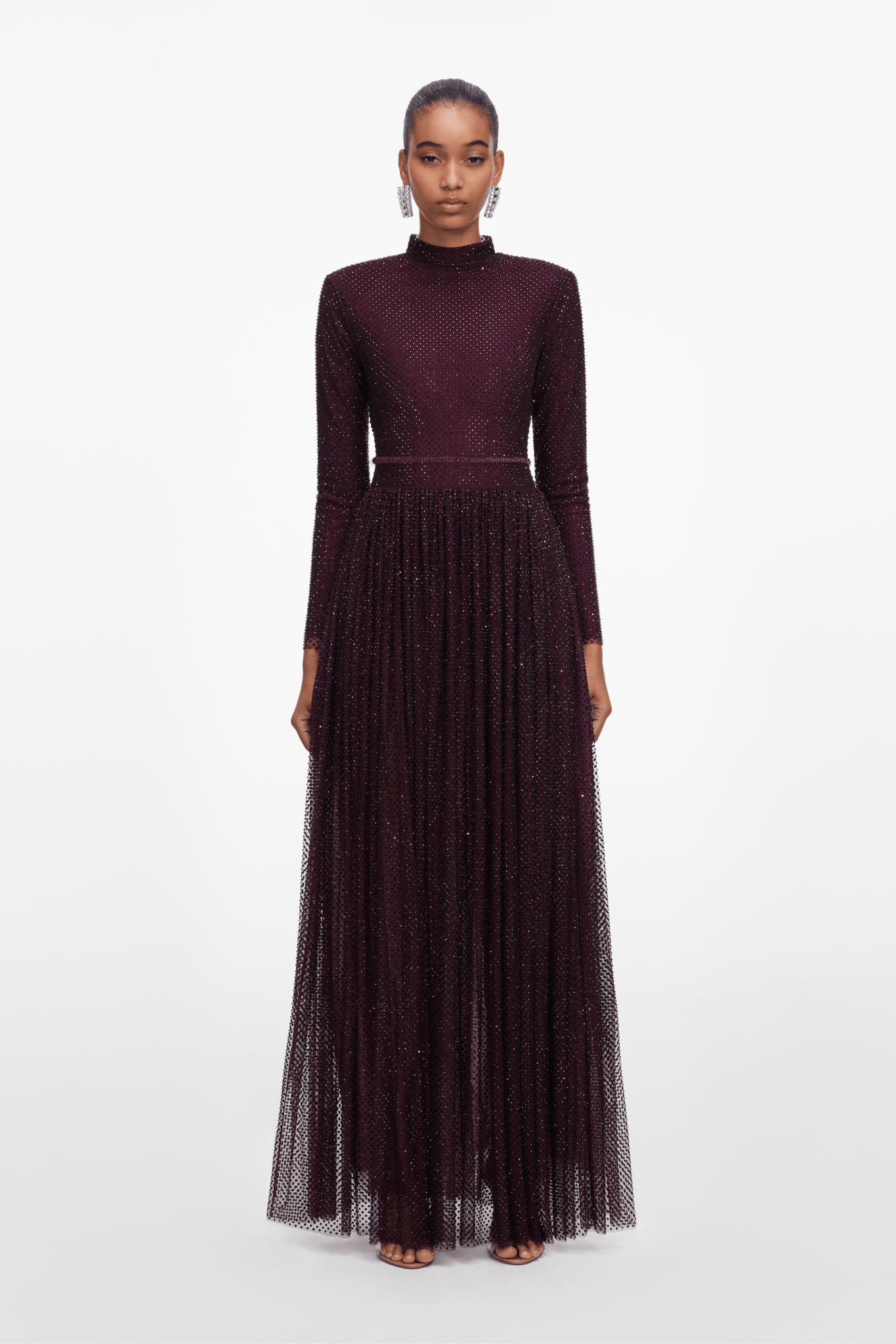 Burgundy Rhinestone Long Sleeve Maxi Dress - ALBOUSHIYA - district 5 - dubai - riyadh - abaya - dresses - designers - evening wear - luxury - elegance - craftsmanship - gowns - cocktail dresses - collections - georges
