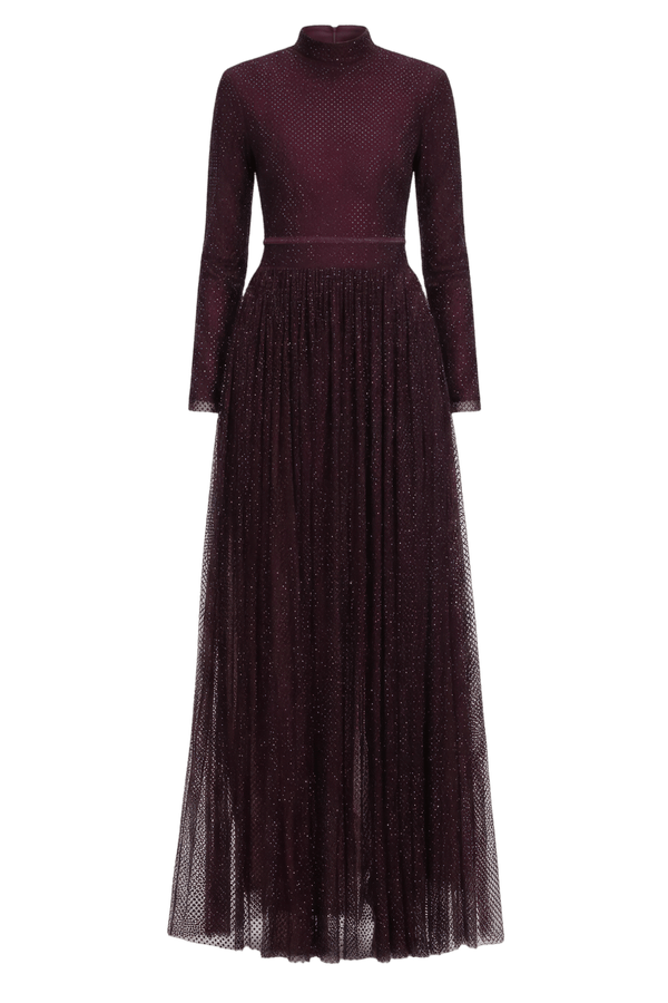 Burgundy Rhinestone Long Sleeve Maxi Dress - ALBOUSHIYA - district 5 - dubai - riyadh - abaya - dresses - designers - evening wear - luxury - elegance - craftsmanship - gowns - cocktail dresses - collections - georges