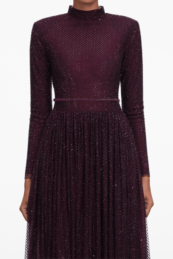 Burgundy Rhinestone Long Sleeve Maxi Dress - ALBOUSHIYA - district 5 - dubai - riyadh - abaya - dresses - designers - evening wear - luxury - elegance - craftsmanship - gowns - cocktail dresses - collections - georges