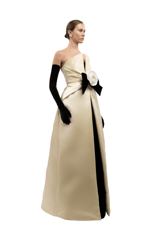 Camellia Bow Column Gown - ALBOUSHIYA - district 5 - dubai - riyadh - abaya - dresses - designers - evening wear - luxury - elegance - craftsmanship - gowns - cocktail dresses - collections - georges