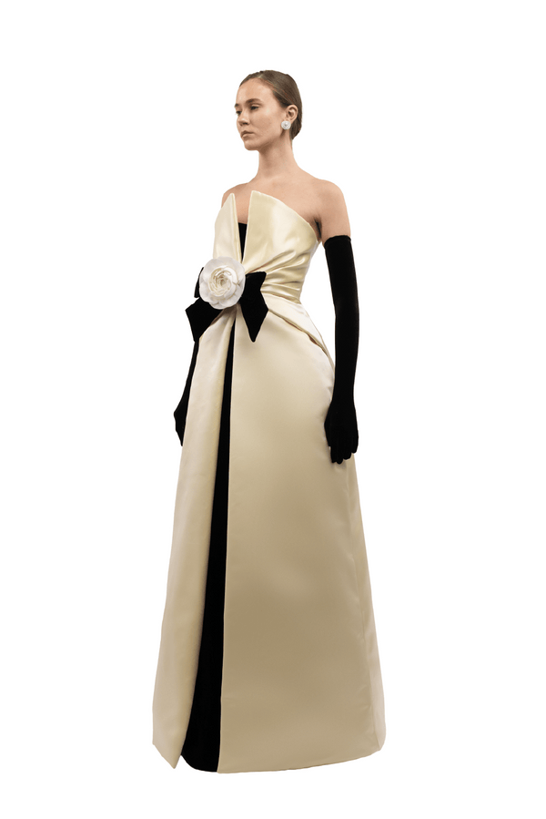 Camellia Bow Column Gown - ALBOUSHIYA - district 5 - dubai - riyadh - abaya - dresses - designers - evening wear - luxury - elegance - craftsmanship - gowns - cocktail dresses - collections - georges