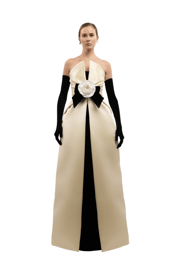 Camellia Bow Column Gown - ALBOUSHIYA - district 5 - dubai - riyadh - abaya - dresses - designers - evening wear - luxury - elegance - craftsmanship - gowns - cocktail dresses - collections - georges