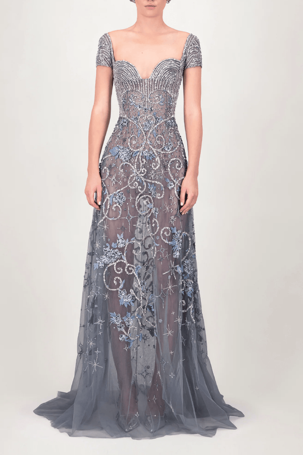 Cap Sleeve Embroidered Long Dress - ALBOUSHIYA - district 5 - dubai - riyadh - abaya - dresses - designers - evening wear - luxury - elegance - craftsmanship - gowns - cocktail dresses - collections - georges