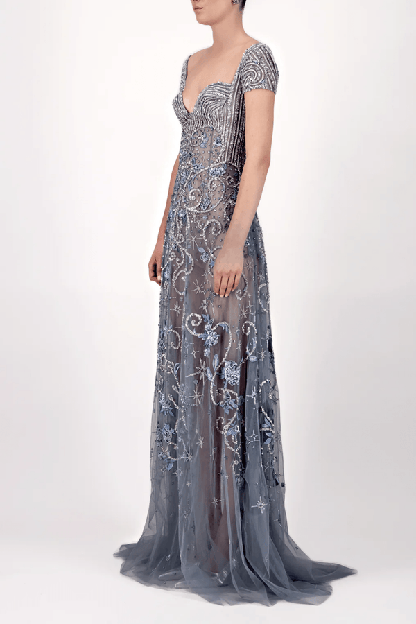 Cap Sleeve Embroidered Long Dress - ALBOUSHIYA - district 5 - dubai - riyadh - abaya - dresses - designers - evening wear - luxury - elegance - craftsmanship - gowns - cocktail dresses - collections - georges