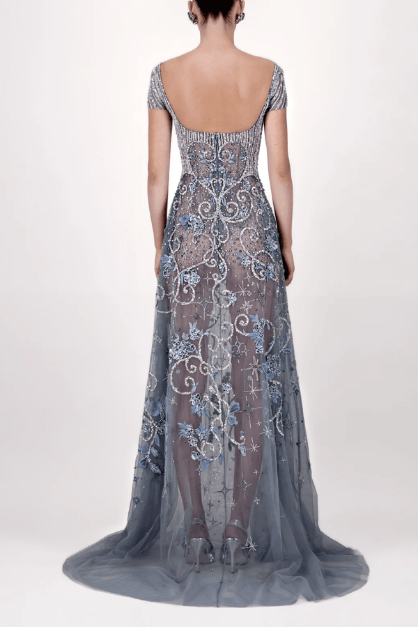 Cap Sleeve Embroidered Long Dress - ALBOUSHIYA - district 5 - dubai - riyadh - abaya - dresses - designers - evening wear - luxury - elegance - craftsmanship - gowns - cocktail dresses - collections - georges