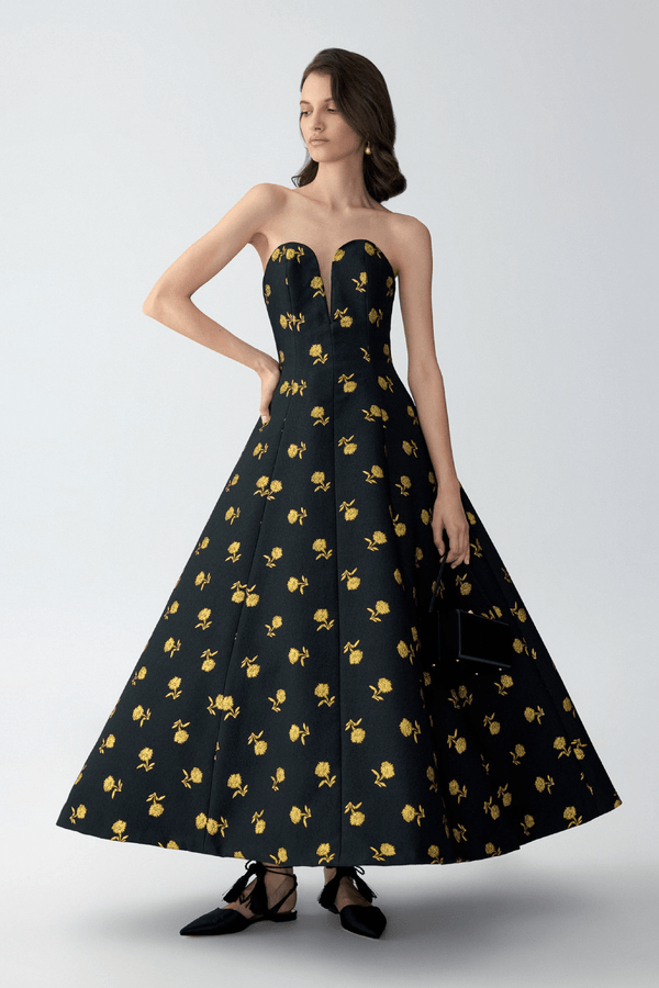 Carnation Jacquard Deep V - neck Dress - ALBOUSHIYA - district 5 - dubai - riyadh - abaya - dresses - designers - evening wear - luxury - elegance - craftsmanship - gowns - cocktail dresses - collections - georges