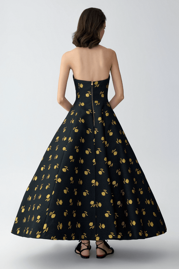 Carnation Jacquard Deep V - neck Dress - ALBOUSHIYA - district 5 - dubai - riyadh - abaya - dresses - designers - evening wear - luxury - elegance - craftsmanship - gowns - cocktail dresses - collections - georges