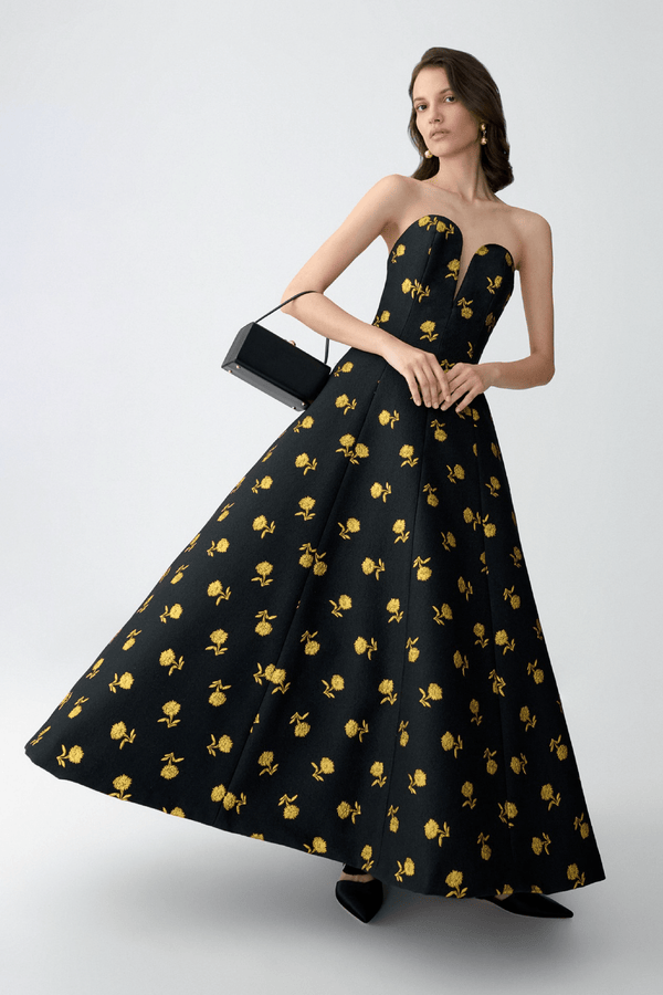 Carnation Jacquard Deep V - neck Dress - ALBOUSHIYA - district 5 - dubai - riyadh - abaya - dresses - designers - evening wear - luxury - elegance - craftsmanship - gowns - cocktail dresses - collections - georges