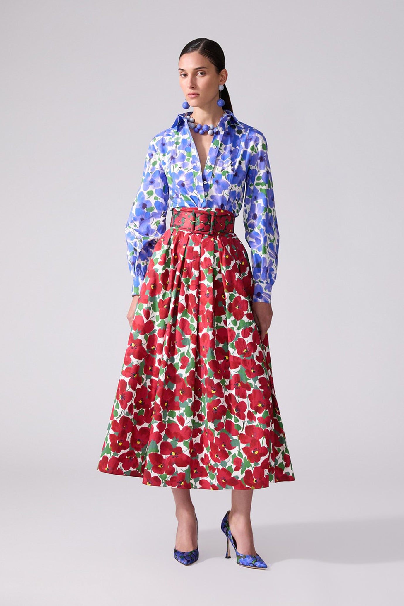 Floral-Print Cummerbund Midi Skirt