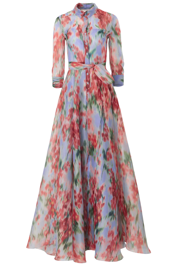 Floral-Print Organza Trench Gown