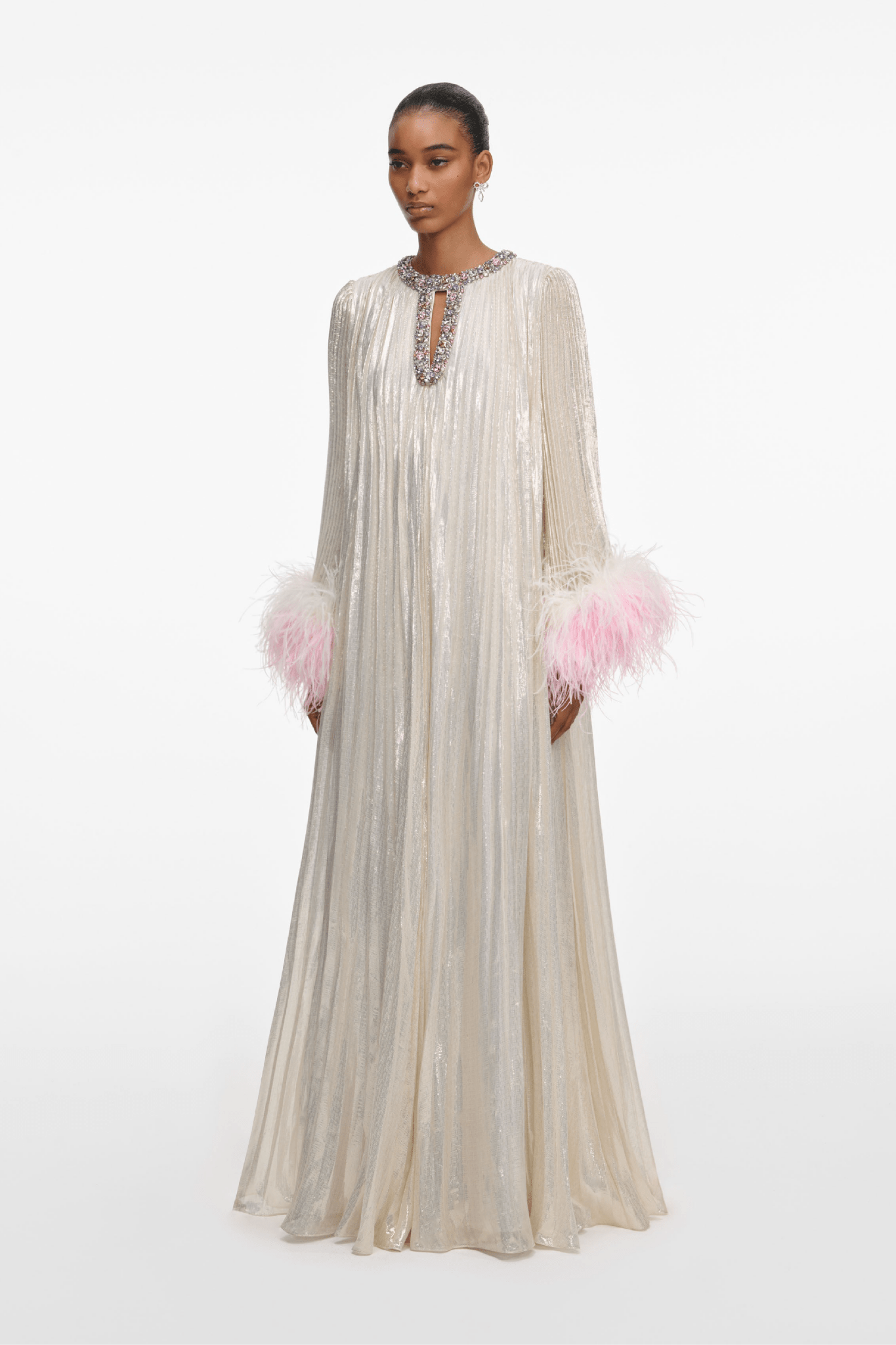 Champagne Metallic Ombre Feather Maxi Dress - ALBOUSHIYA - district 5 - dubai - riyadh - abaya - dresses - designers - evening wear - luxury - elegance - craftsmanship - gowns - cocktail dresses - collections - georges