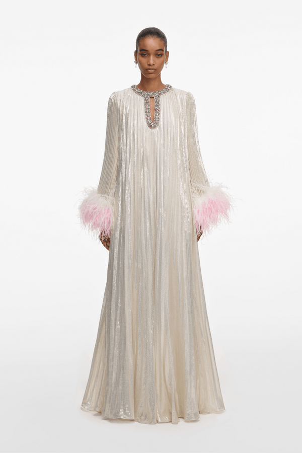 Champagne Metallic Ombre Feather Maxi Dress - ALBOUSHIYA - district 5 - dubai - riyadh - abaya - dresses - designers - evening wear - luxury - elegance - craftsmanship - gowns - cocktail dresses - collections - georges
